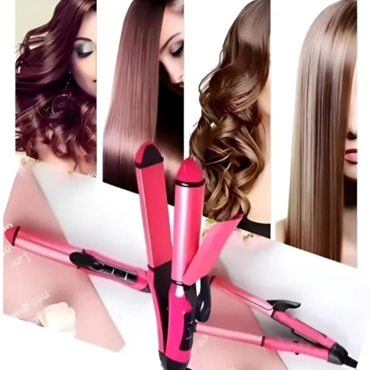 Pink 2 in 1 hair straightener and curler with examples of straight and curly hairstyles