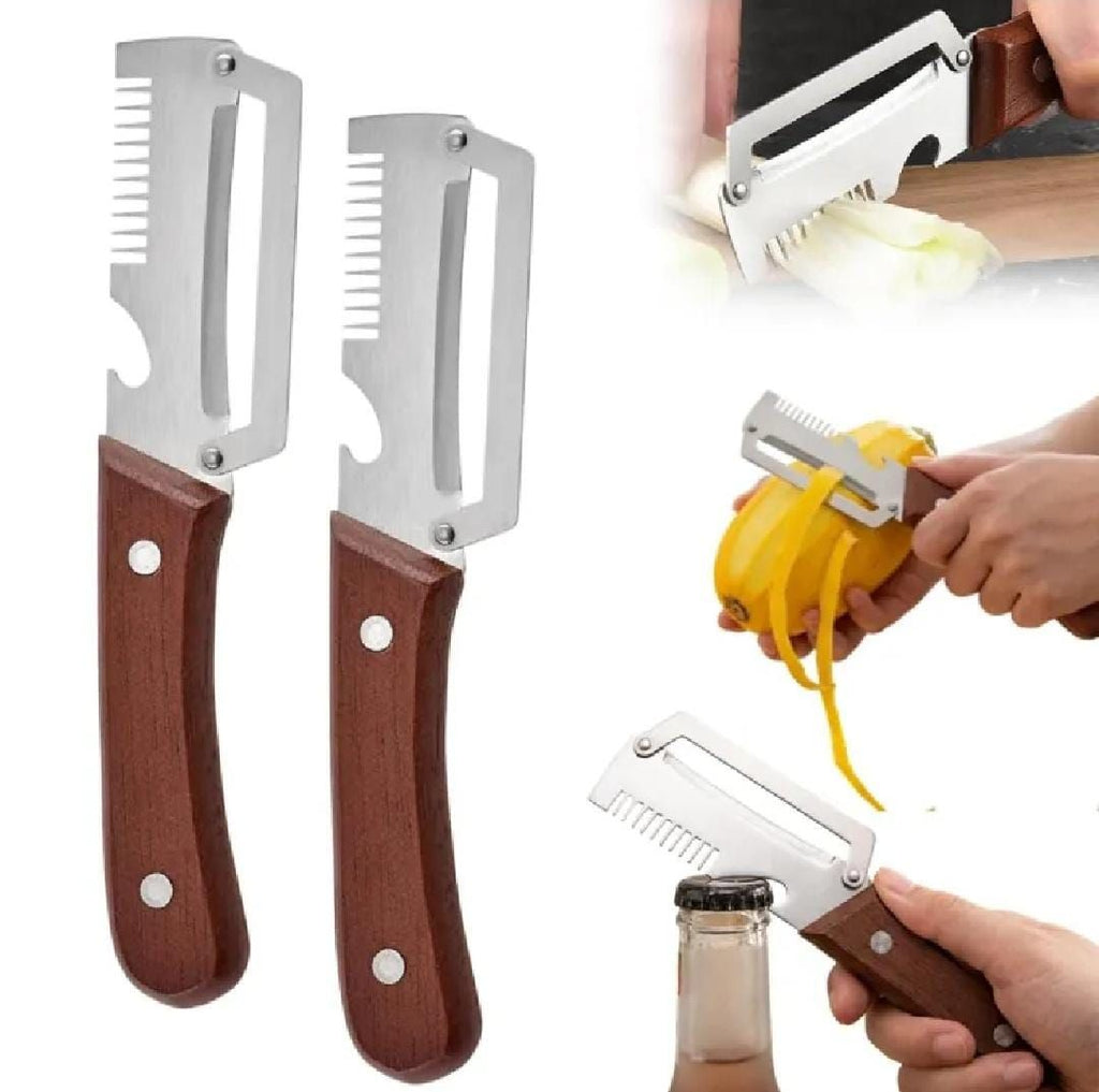 3 in 1 peeler knife with stainless steel blade, bottle opener and wooden handle