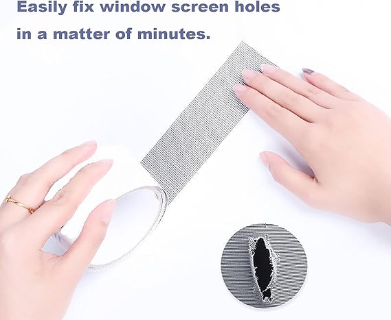 Hands pressing mesh repair tape onto a window screen to fix a hole in minutes