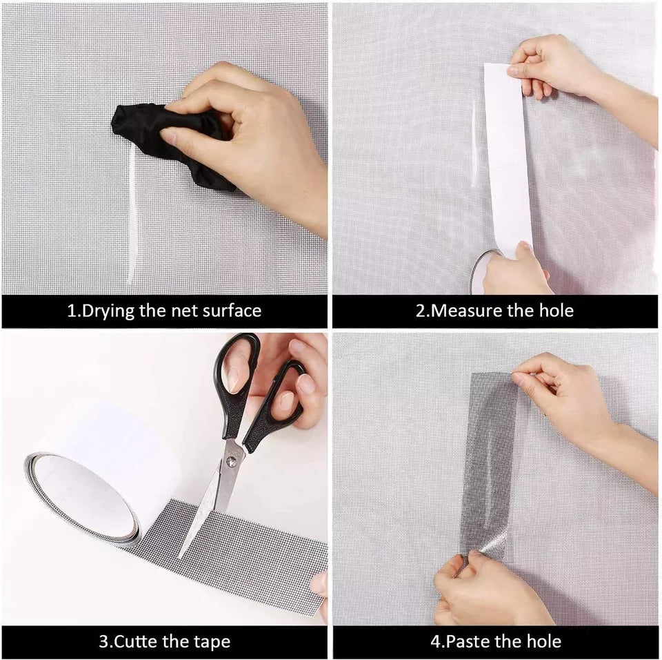 Four steps to repair a window screen: dry the surface, measure the hole, cut the tape and paste
