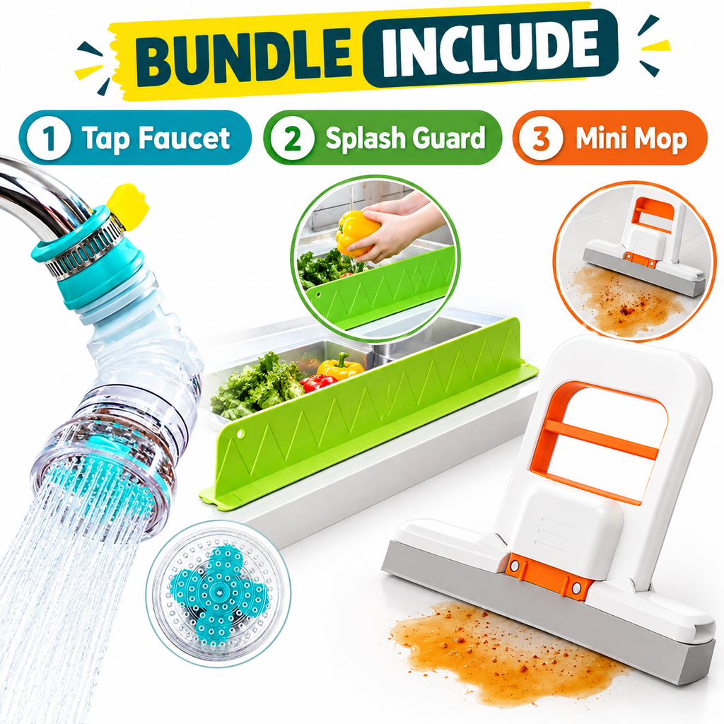 Kitchen Cleaning Bundle of 3 with tap faucet, splash guard and mini mop
