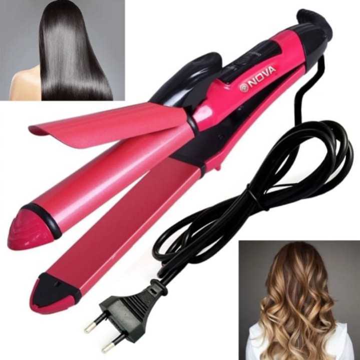 Nova 2 in 1 hair straightener and curler in pink with cord for straight and curly hairstyles