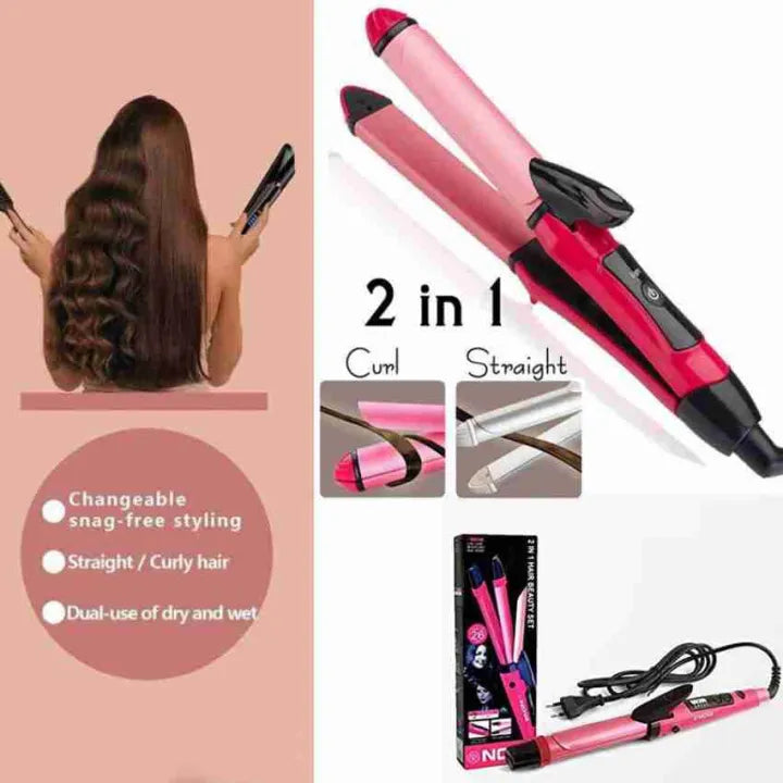 Nova 2 in 1 hair straightener and curler in pink with curl and straight styling modes