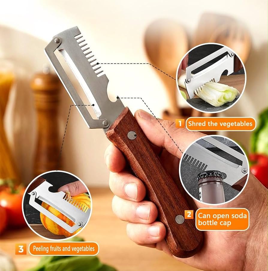 Multipurpose peeler knife used to shred vegetables, peel fruit and open a bottle cap