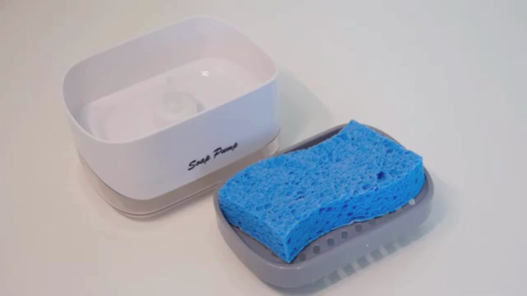 Demo video of the soap pump dispenser with sponge dispensing dishwashing liquid onto the sponge