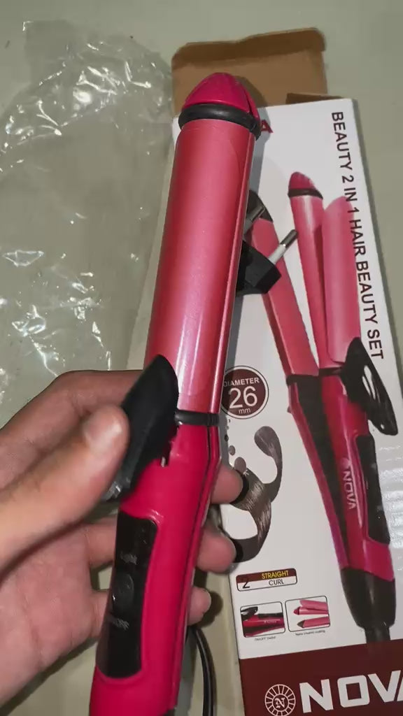 Unboxing video of the Nova 2 in 1 hair straightener and curler showing the styler, plug and power button