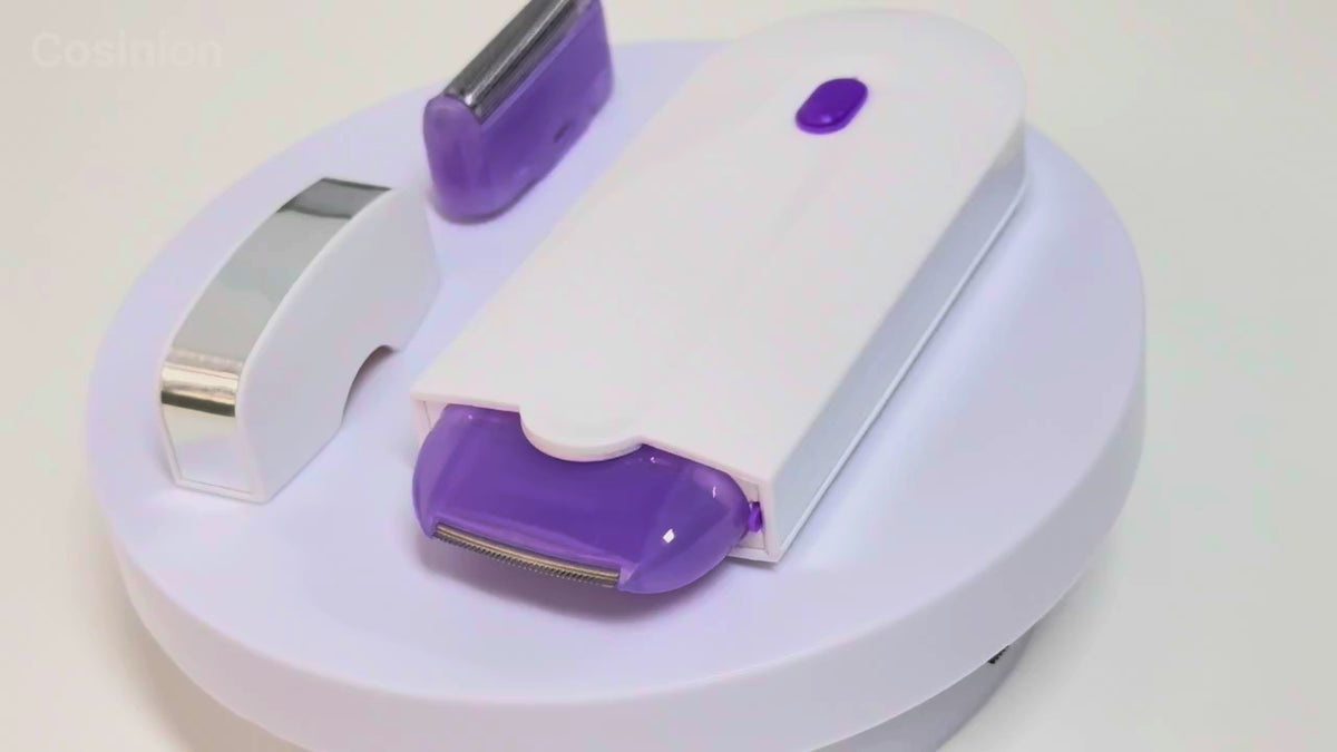 Rechargeable Finishing Touch hair remover for women, shown with its parts and a demonstration of how to use it on skin