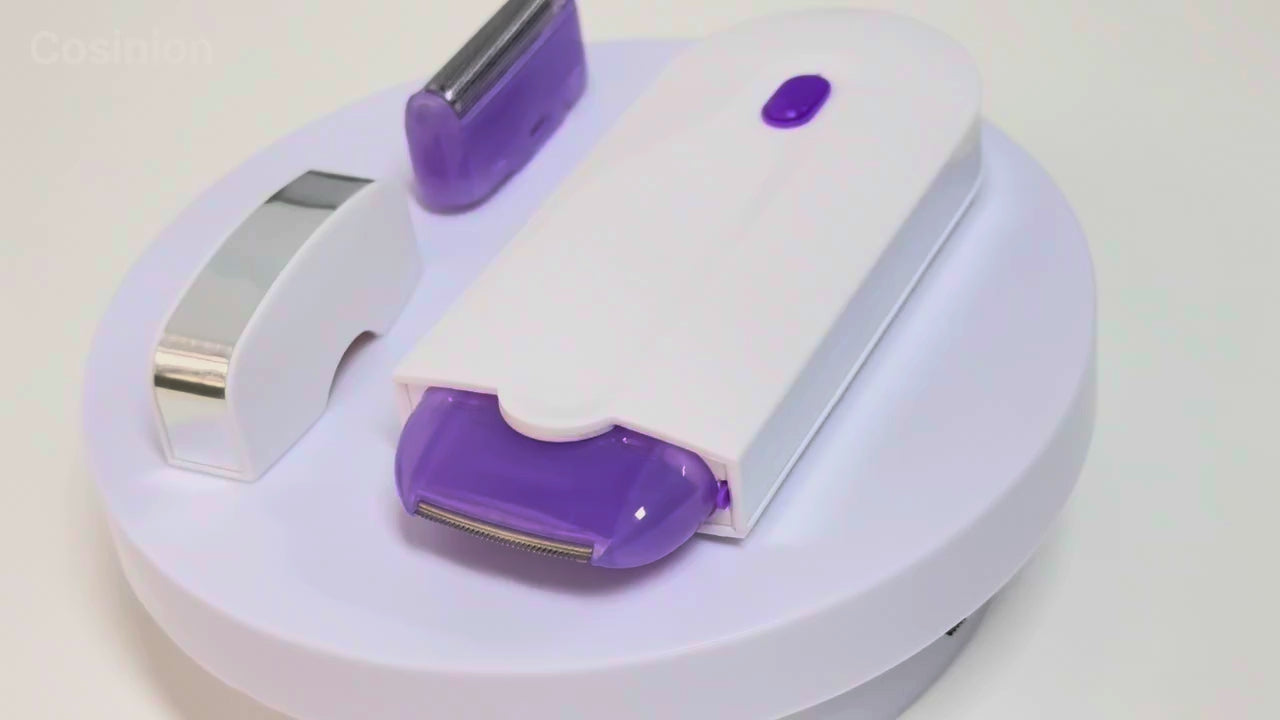 Rechargeable Finishing Touch hair remover for women, shown with its parts and a demonstration of how to use it on skin