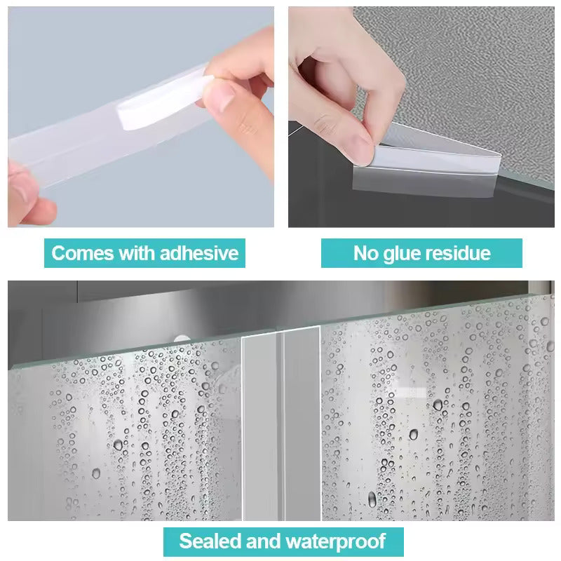 Self-adhesive silicone door seal strip applied on a glass shower door to keep water out