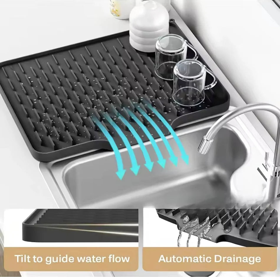 Silicone drain mat tilted to guide water flow automatically into the sink.