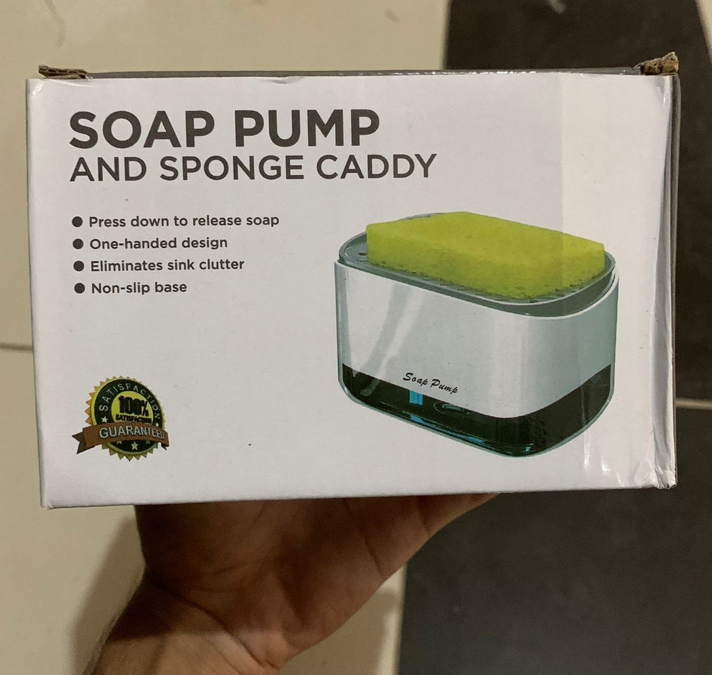Soap pump and sponge caddy retail box with one-handed design and press down to release soap