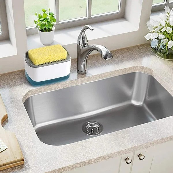 Soap pump dispenser with yellow sponge placed beside a kitchen sink