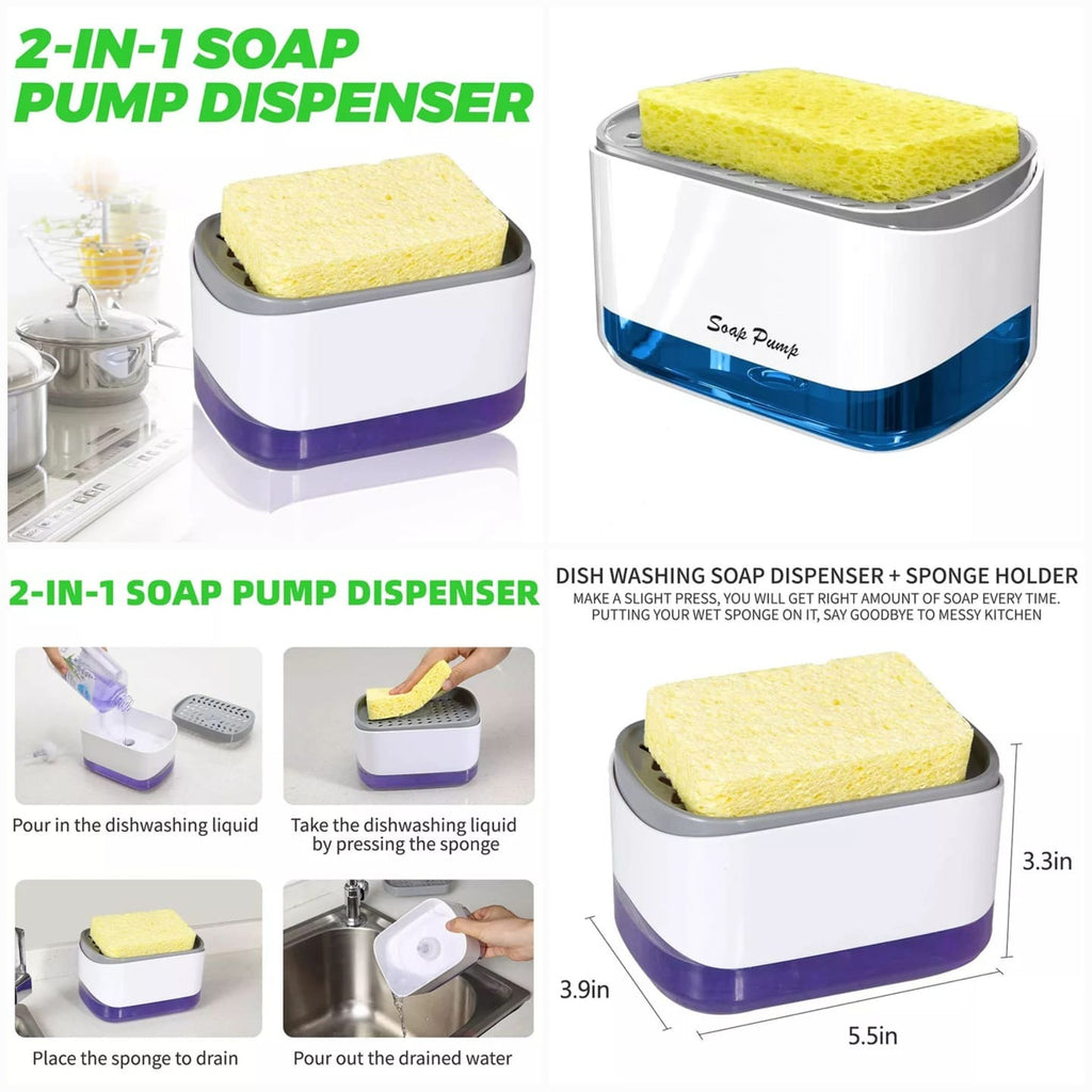 2-in-1 soap pump dispenser with sponge holder and steps showing how to use it
