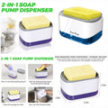 2-in-1 soap pump dispenser with sponge holder and steps showing how to use it