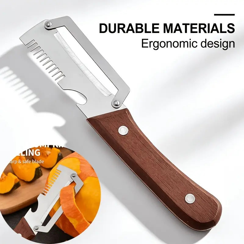 Stainless steel peeler knife with ergonomic wooden handle peeling a pumpkin