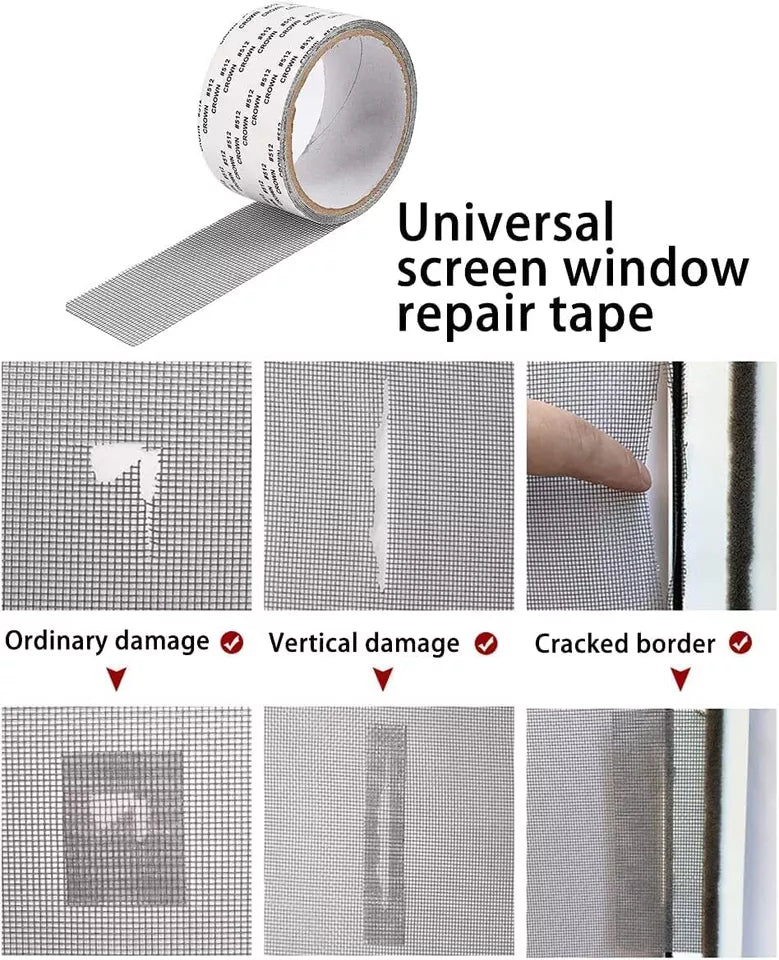 Window screen repair tape fixing ordinary holes, vertical tears and cracked borders, before and after