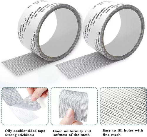Two rolls of self-adhesive window screen repair tape with fine mesh and strong double-sided adhesive